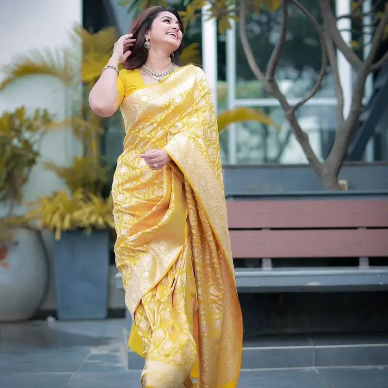 DDF Yellow Zalar Banarasi Soft Silk Designer Sarees Wholesale Shop In Surat